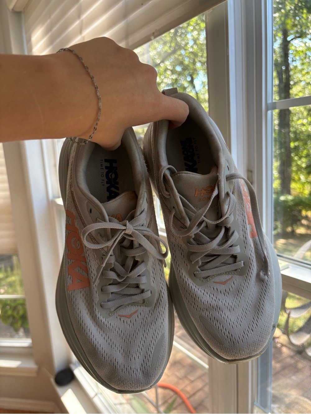 Hoka Women's Bondi 8 Athletic Running Shoes in Light Gray with Coral Logos